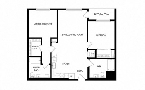 Floor plan for 2 beds, 2 baths, 1045 sqft